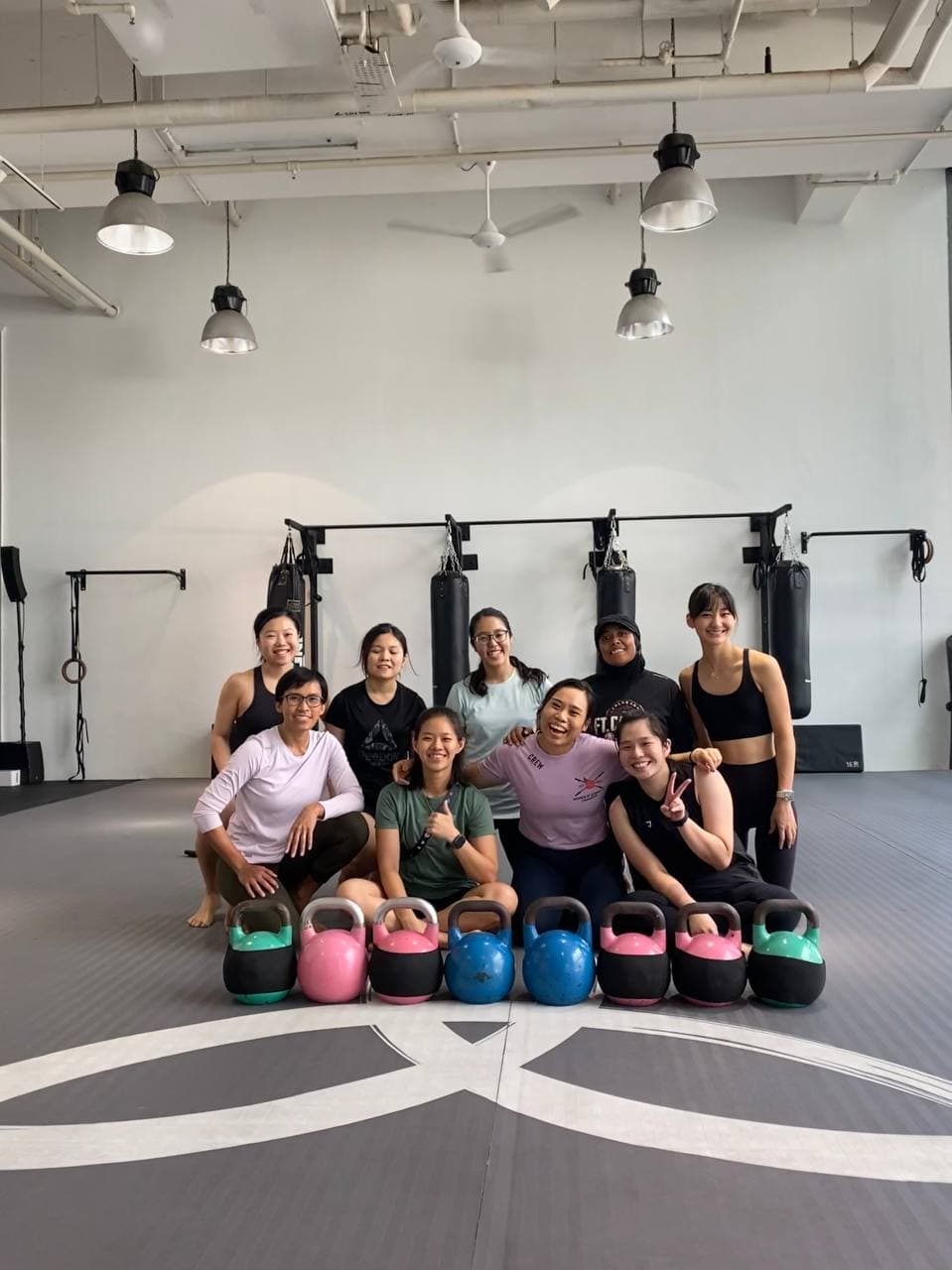 Kettlebell class group photo with kettlebells at Move To Live gym Singapore